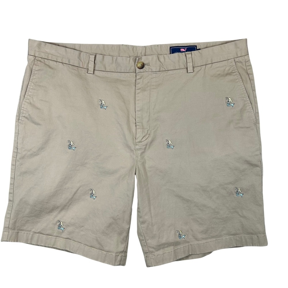 Vineyard Vines Mens 42 Breaker Shorts Khaki Tan Embroidered Mermaid AOP Nautical